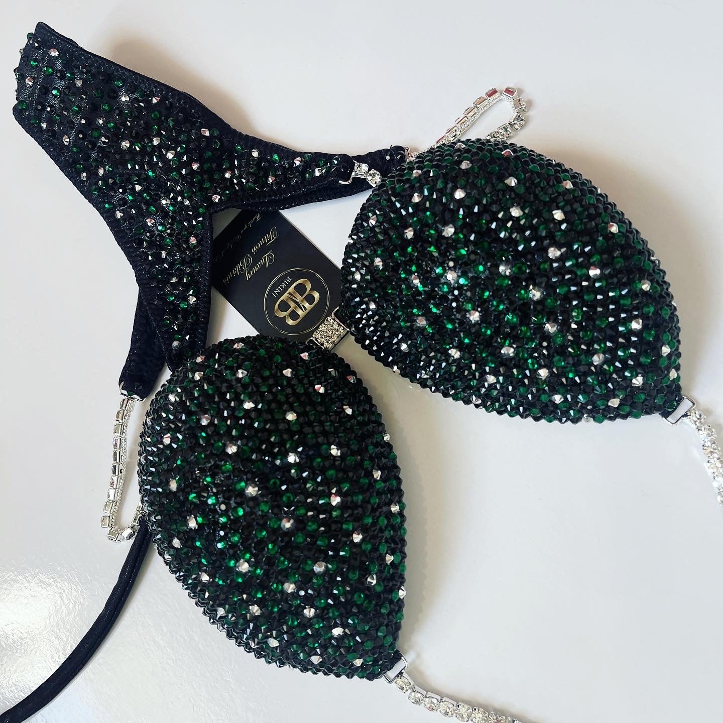 Rental black and emerald green competition bikini- D/DD bra cup