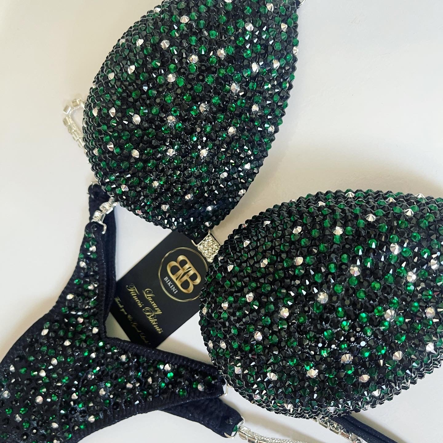 Rental black and emerald green competition bikini- D/DD bra cup