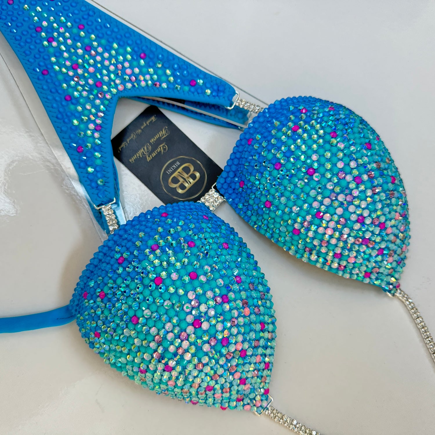 Neon turquoise blue with pink ombre  NPC style bikini - B/C cup , ready to buy