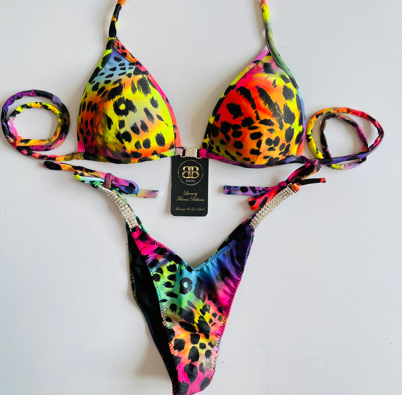 V Scoop Neon Leopard Competition Posing Bikini With Connectors Tie Side and back - Pre Order