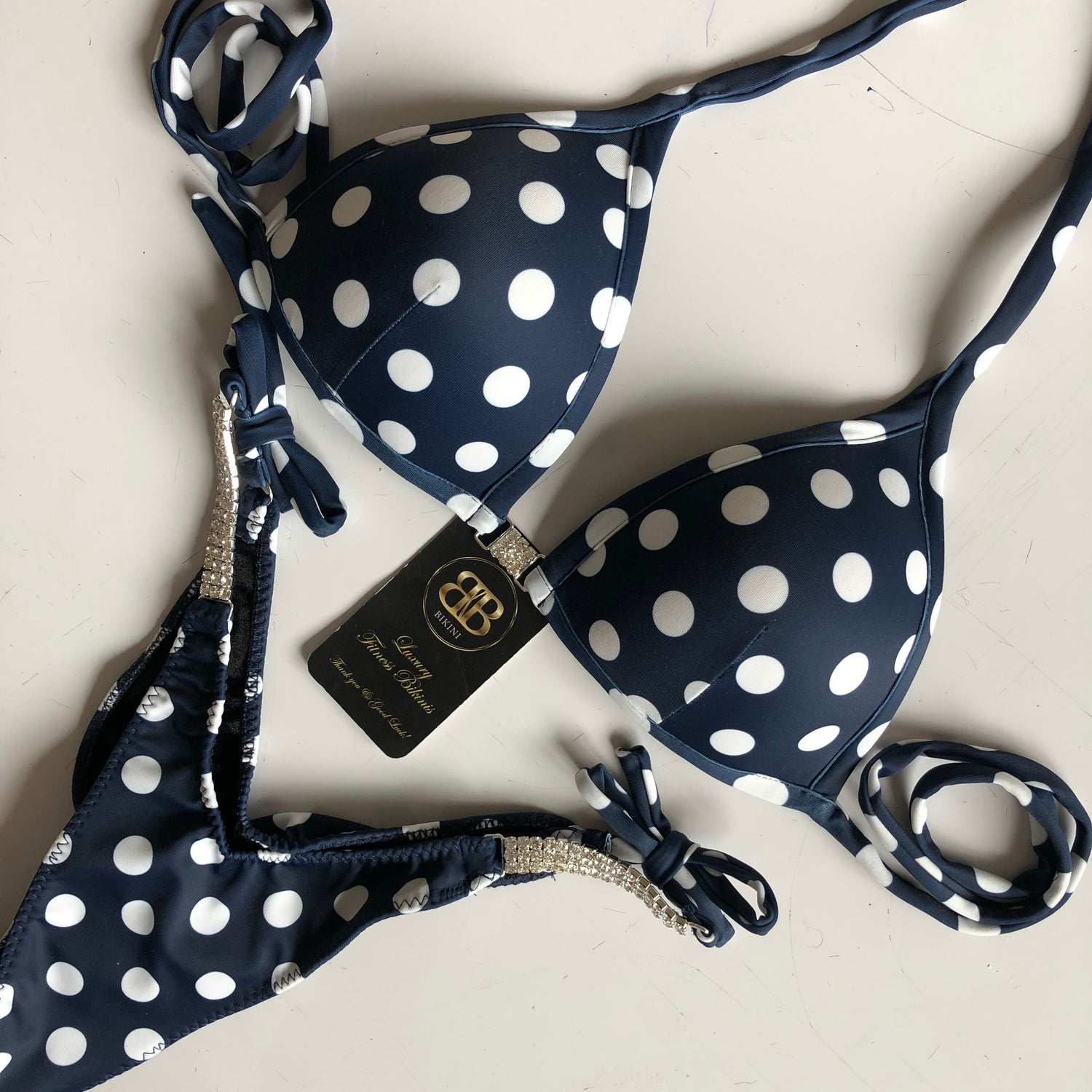 V Scoop Navy Polka Competition Posing Bikini With Connectors C BRA CUPS - EU
