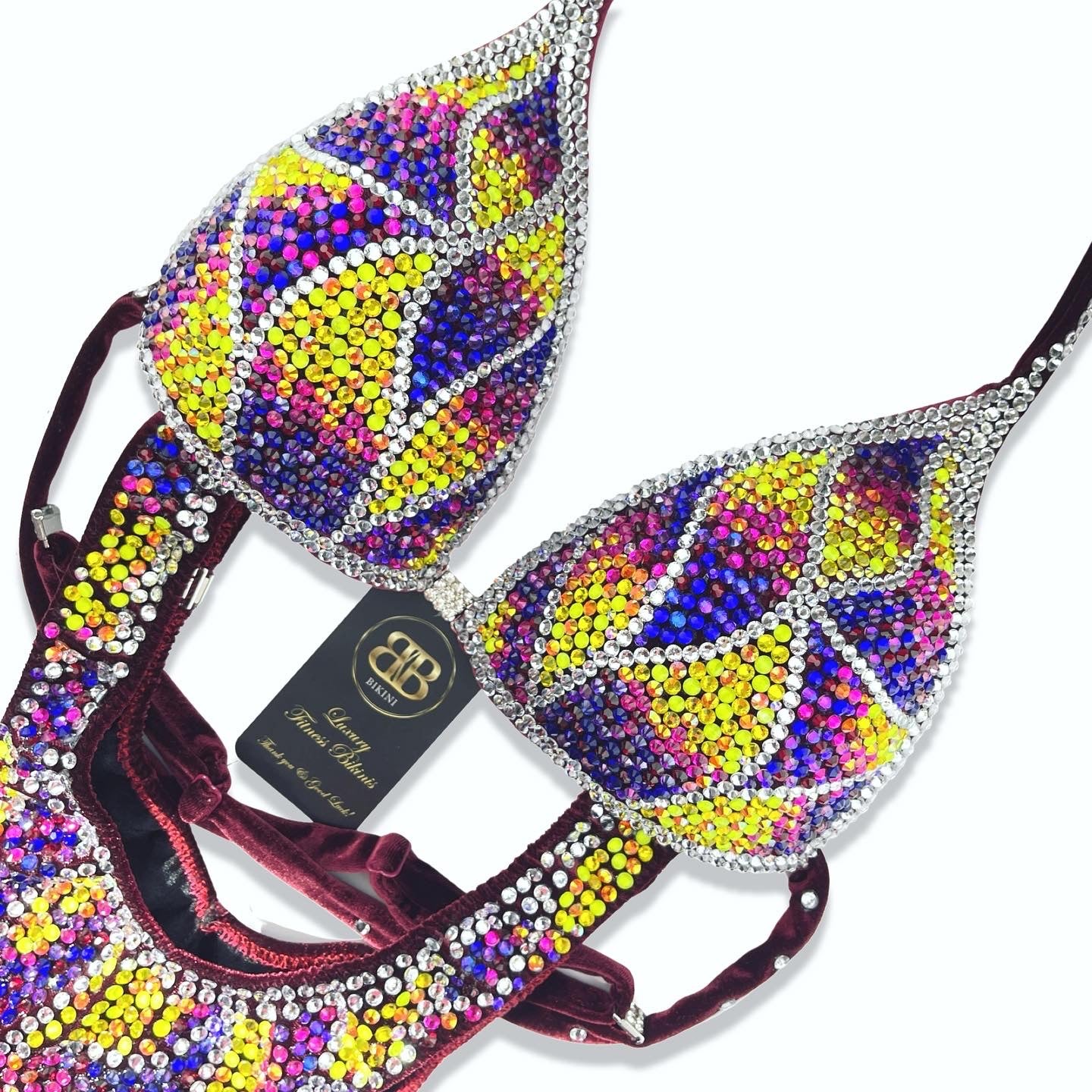 Neon yellow, fuchsia, burgundy crossed back straps competition Suit Suit (540)