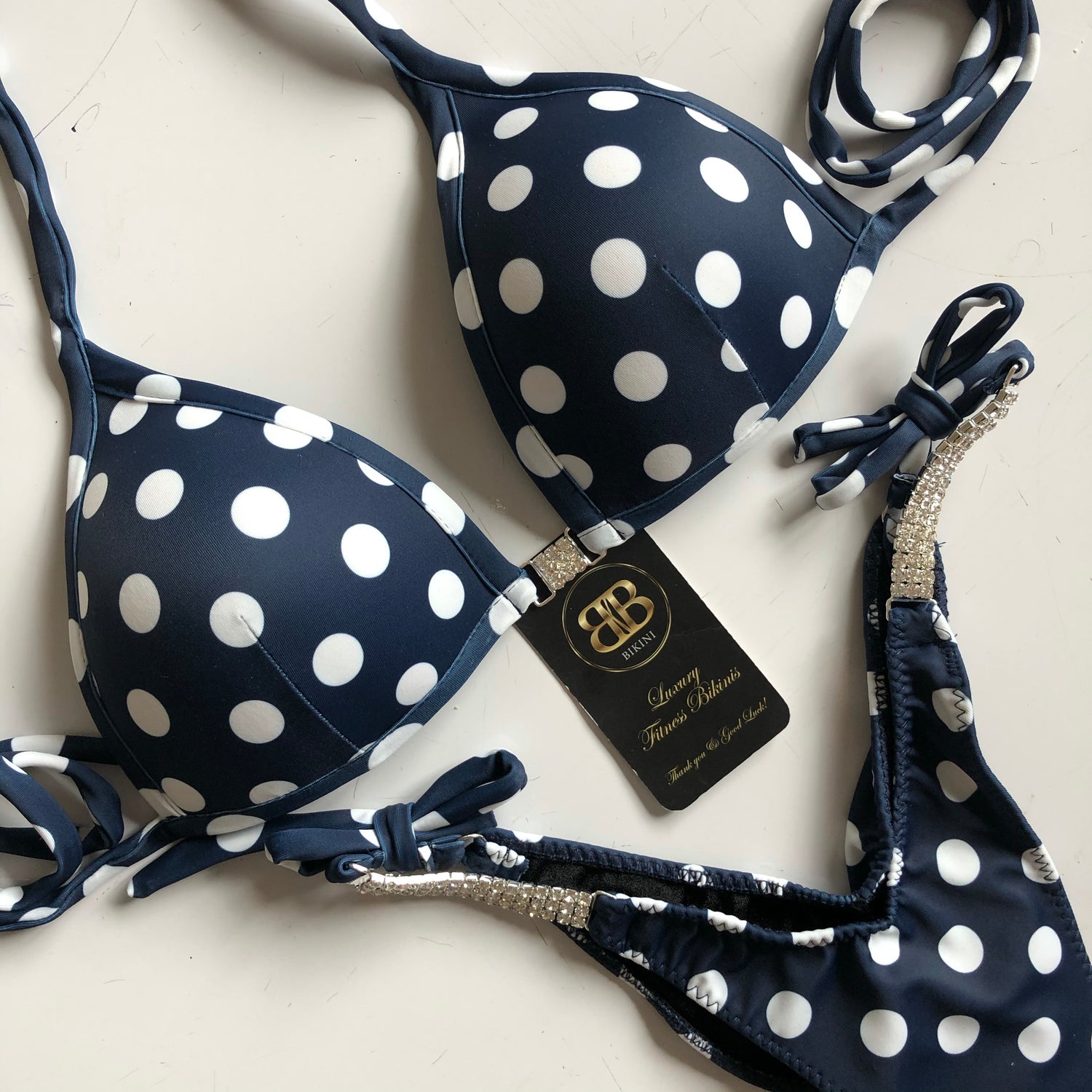 V Scoop Navy Polka Competition Posing Bikini With Connectors C BRA CUPS - EU