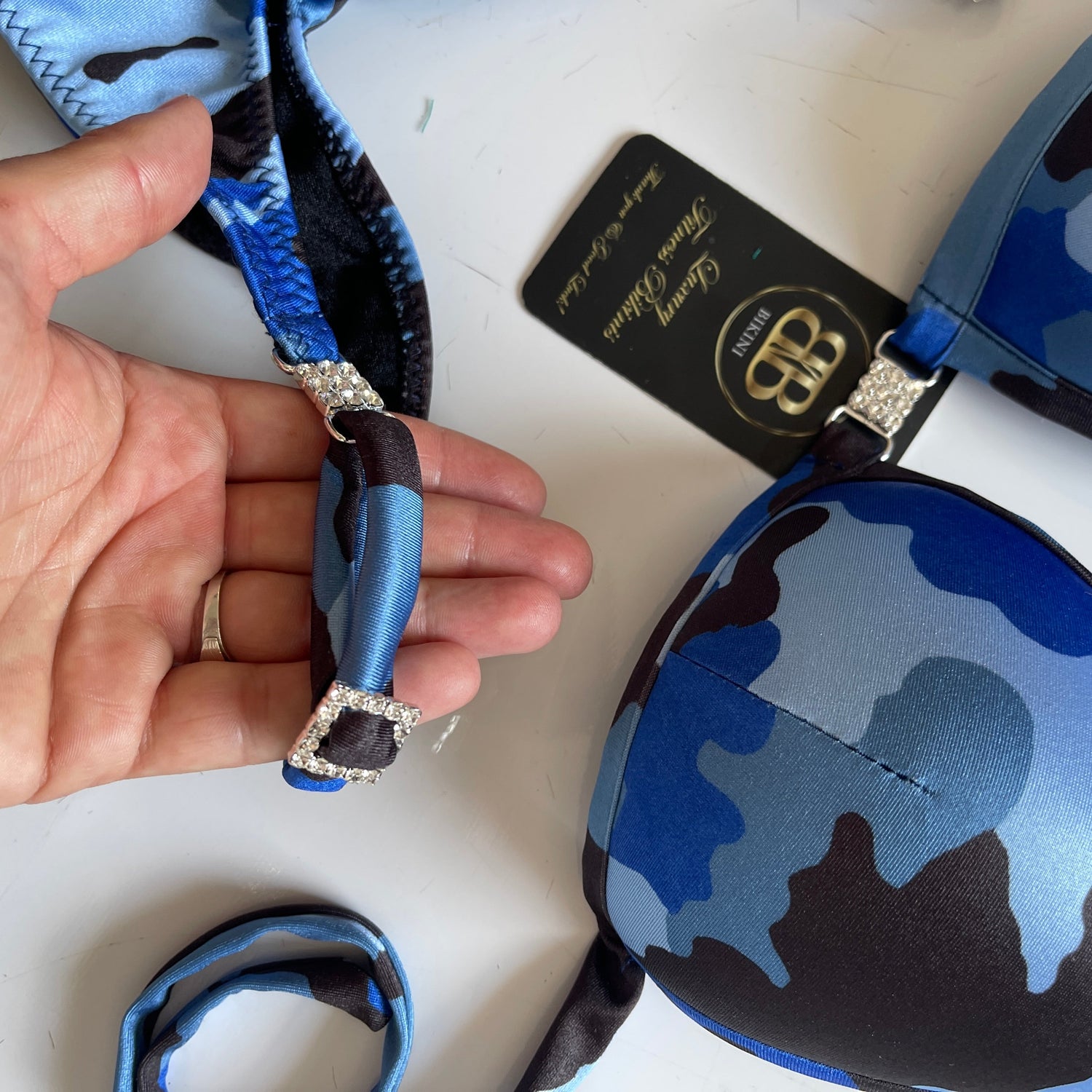 Blue Camouflage Posing Bikini With Mini Connectors and Adjustable bottoms - Bra cup D/DD