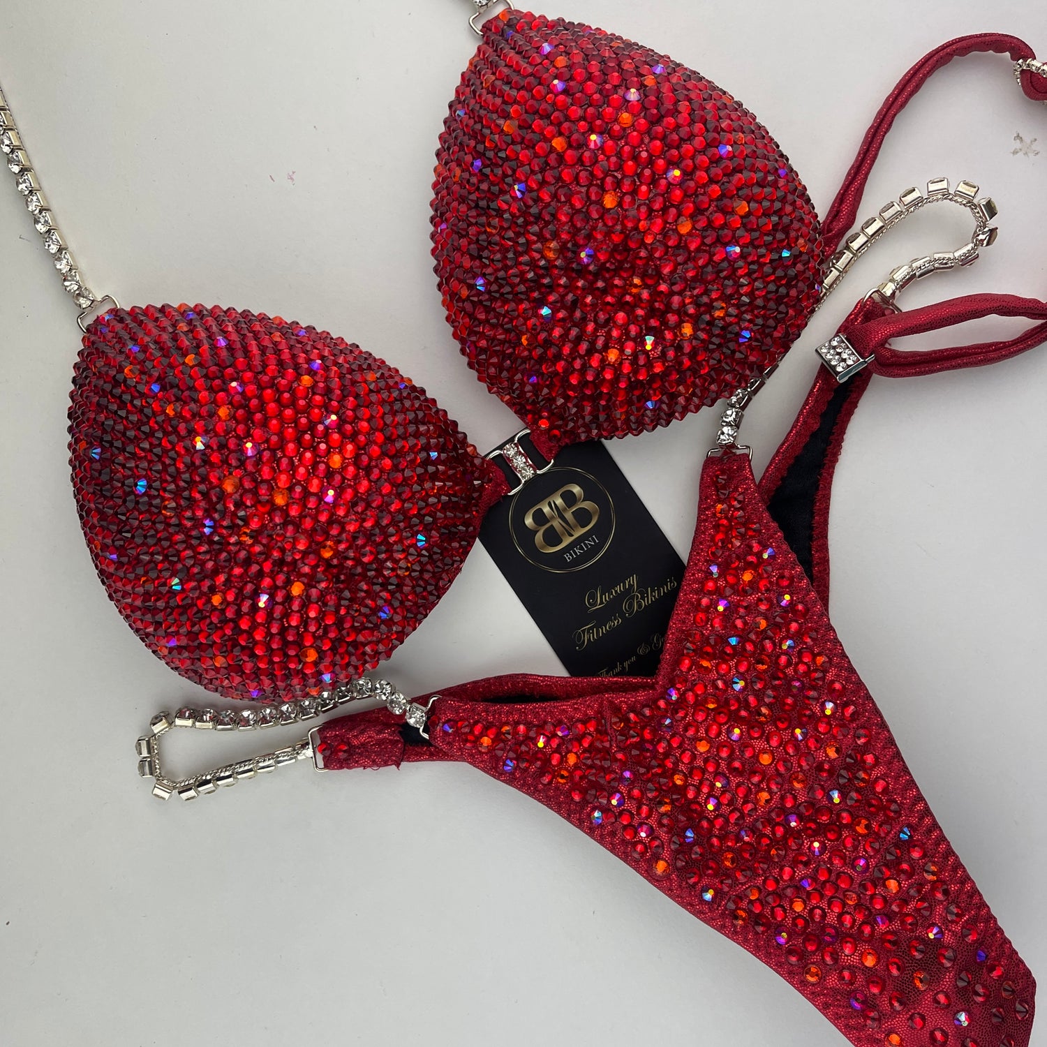 Rental - Ferarri Red NPC Style Fully Crystallized Competition Bikini C bra cup