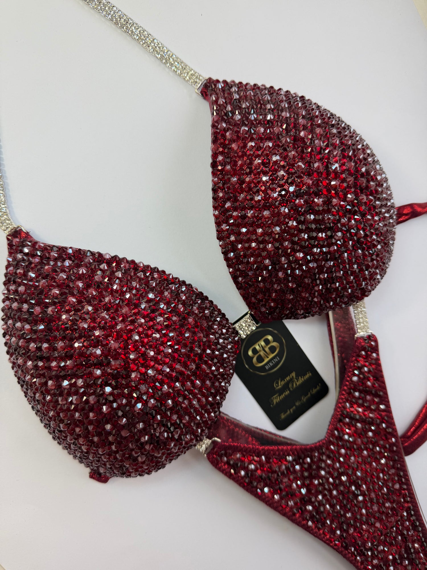 Burgundy dark red triangle bikini with AB burgundy crystals - DD bra cup (no. 267) - ready to buy