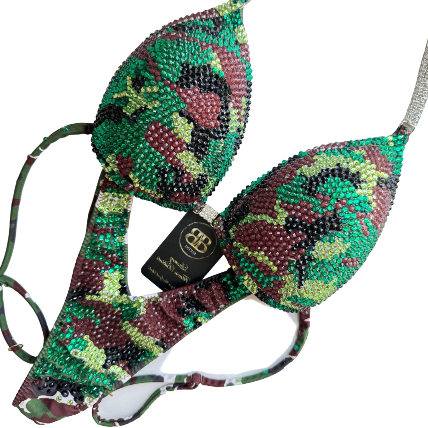 Green and Brown Camouflage Figure , bodyfitness, crossed back competition suit